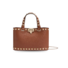 Valentino Garavani Rockstud Shopping Mini Tote Bag 7.3in/ 18.5cm Saddle Brown Platinum Hardware For Women 7W0P0AT0VSH_HG5