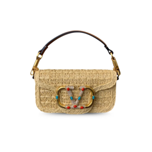 Valentino Garavani Loco Small Shoulder Bag 7.9in/ 20cm Beige Raffia Gold Hardware For Women