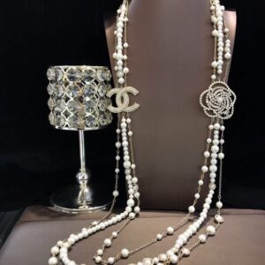Chanel Multilayered Pearl And Camellia Long Necklace Gold Hardware For Women