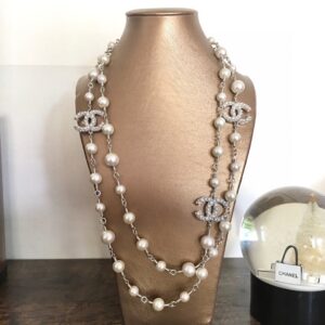 Chanel Double-CC Pearl Long Necklace Silver Hardware For Women