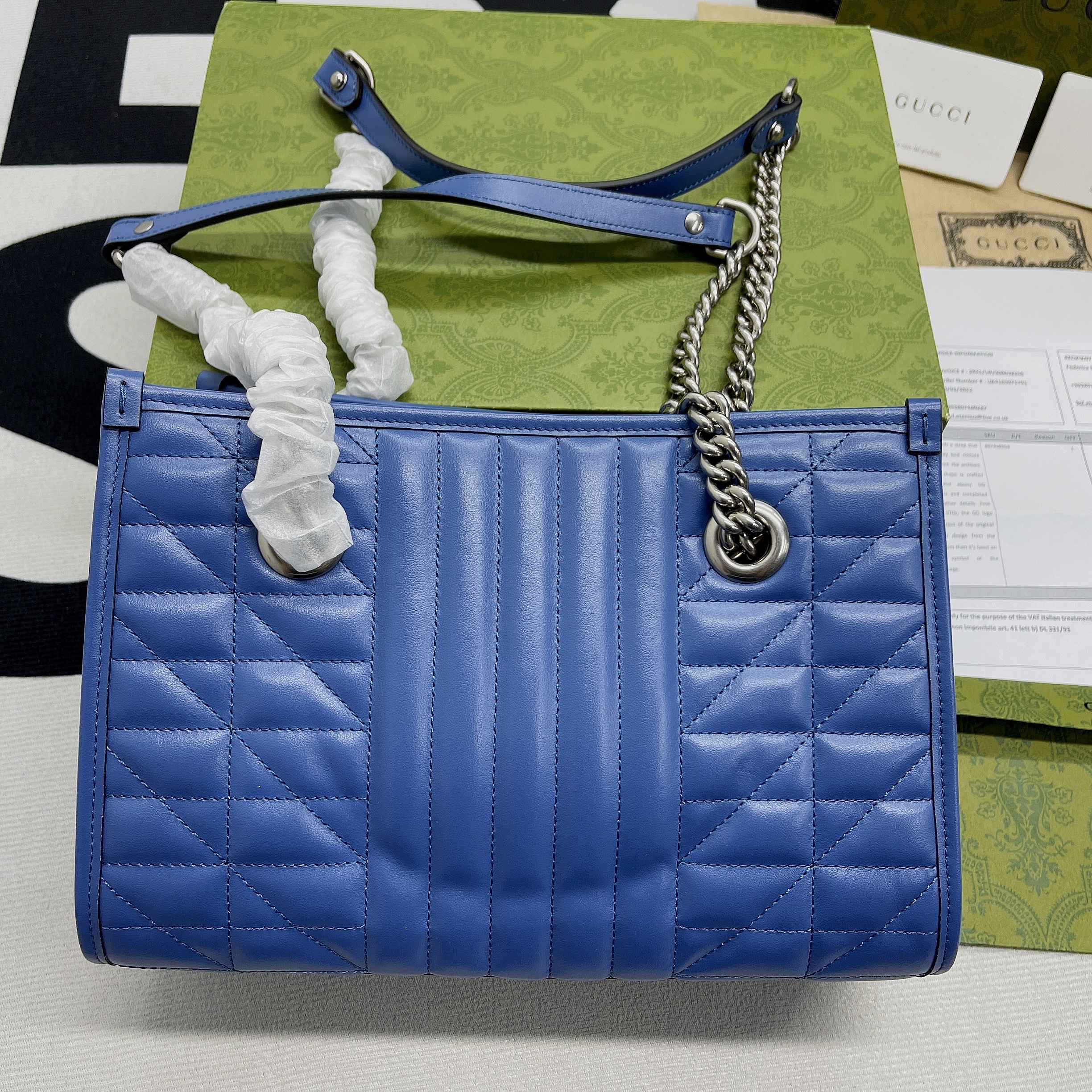 Gucci Marmont Small Matelasse Tote Bag 10.4in/ 26.5cm Blue Palladium Hardware For Women 675796 UM8BF 4340 - Image 4