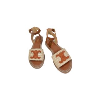 Celine Lympia Flat Strap Sandal In Raffia Brown For Women