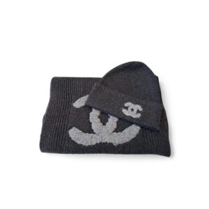 Chanel CC Logo Scarf And Beanie Set In Dark Grey For Women