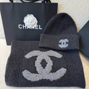 Alternative view of Chanel CC Logo Scarf And Beanie Set In Dark Grey For Women