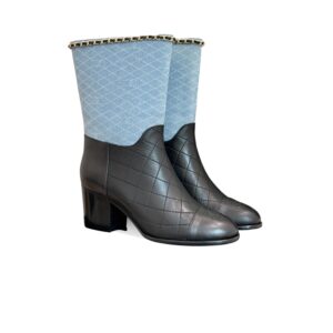 Chanel Double C Chunky Heel Boots With Chain Detail Light Blue Denim For Women