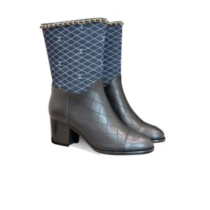 Chanel Double C Chunky Heel Boots With Chain Detail Blue Denim For Women