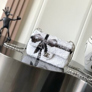 Alternative view of Chanel Bow Flap Mini Crossbody Bag 7.9in/ 20cm White Sequin Silver Hardware For Women