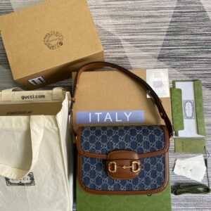 Gucci Horsebit 1955 Shoulder Bag Blue And Ivory For Women, Women's Bags 9.8in/25cm GG