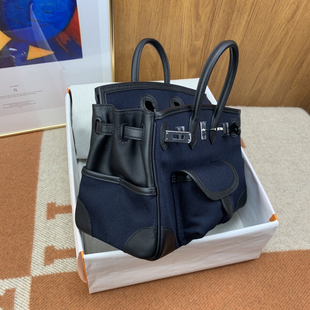 Hermes Birkin Cargo 25 Top Handle Bag 9.8in/ 25cm Dark Blue Silver Hardware For Women
