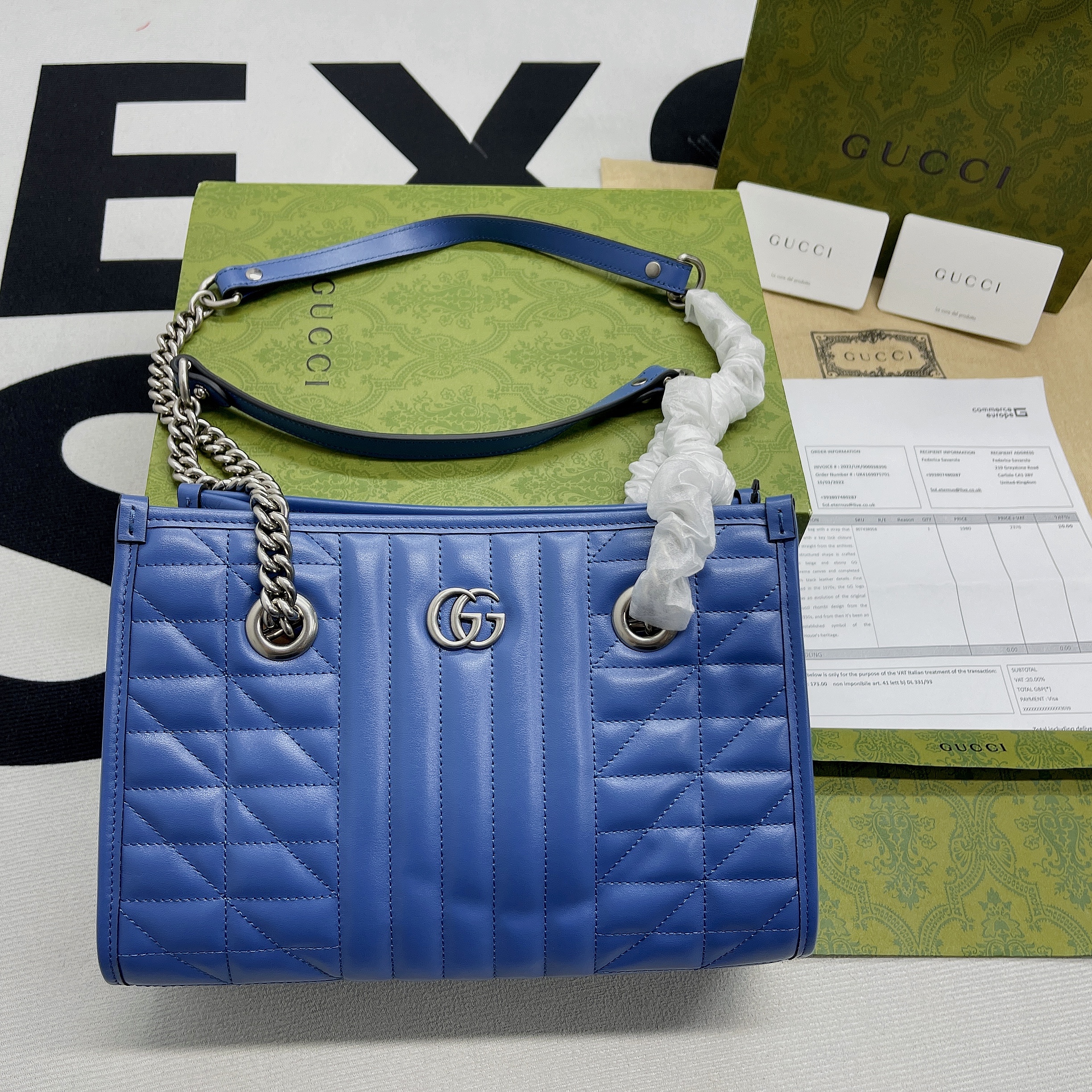 Gucci Marmont Small Matelasse Tote Bag 10.4in/ 26.5cm Blue Palladium Hardware For Women 675796 UM8BF 4340 - Image 3