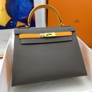Hermes Kelly 28 Sellier Epsom Dark Grey/Yellow Bag For Women, Women's Handbags, Shoulder Bags 11in/28cm