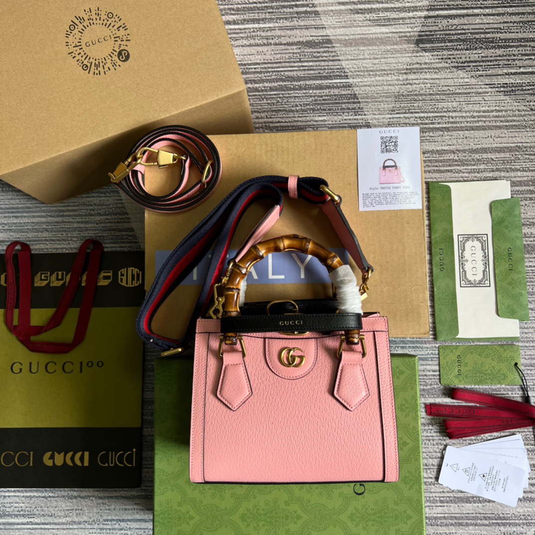 Gucci Diana Mini Tote Bag 7.9in/ 20cm Pink Antique Gold Hardware For Women 702732 U3ZDT 5479