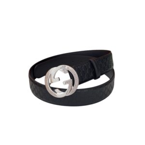 Gucci Monogram Belt Black With Silver Crystal Buckle 40mm