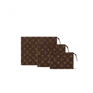 Louis Vuitton Trio Toilet Pouch 9.8in/ 25cm Brown Monogram Gold Hardware For Women M47195