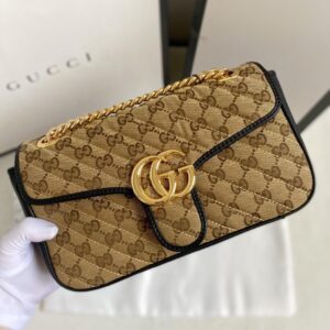 Gucci Marmont Small Shoulder Bag Beige/Ebony Diagonal Matelassé Original GG Canvas For Women 10in/26cm 443497 HVKEG 9772