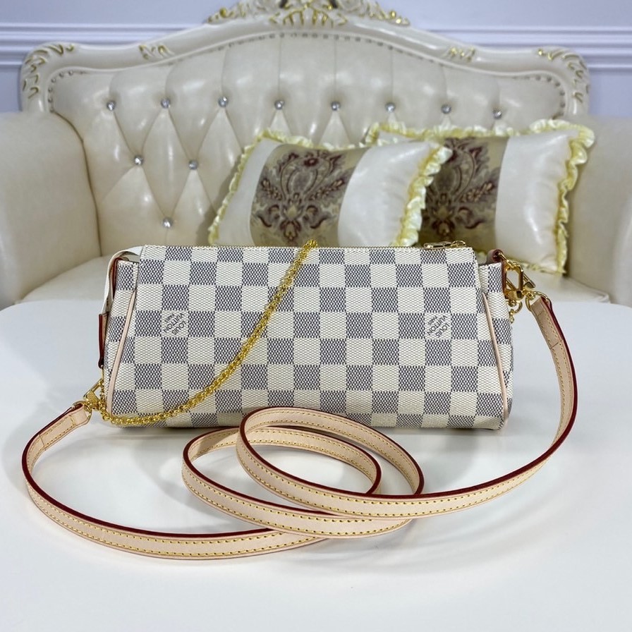 Louis Vuitton Eva 2Way Chain Shoulder Bag 9.8in/ 25cm Brown Damier Azur For Women N55214