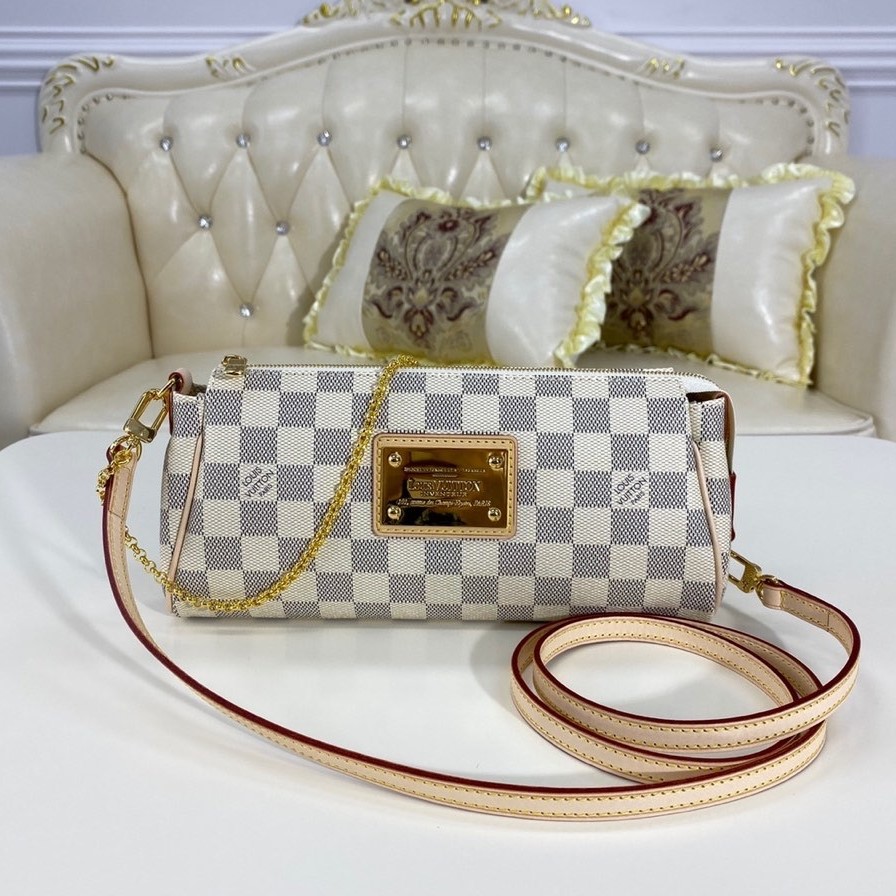Louis Vuitton Eva 2Way Chain Shoulder Bag 9.8in/ 25cm Brown Damier Azur For Women N55214