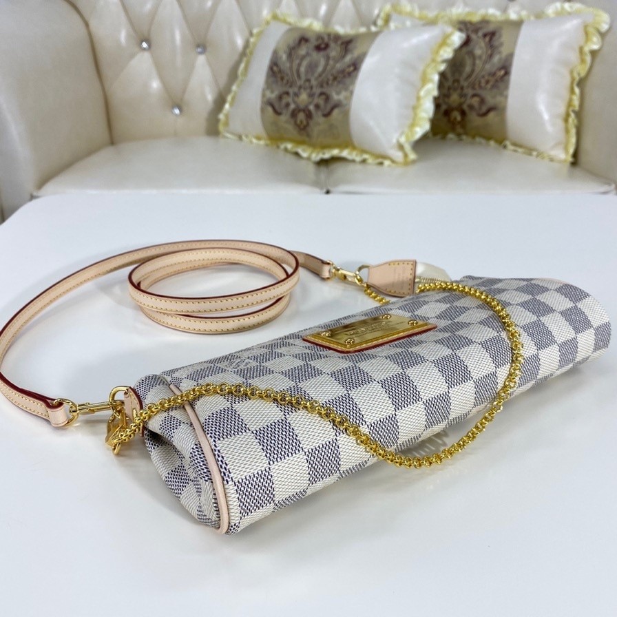 Louis Vuitton Eva 2Way Chain Shoulder Bag 9.8in/ 25cm Brown Damier Azur For Women N55214