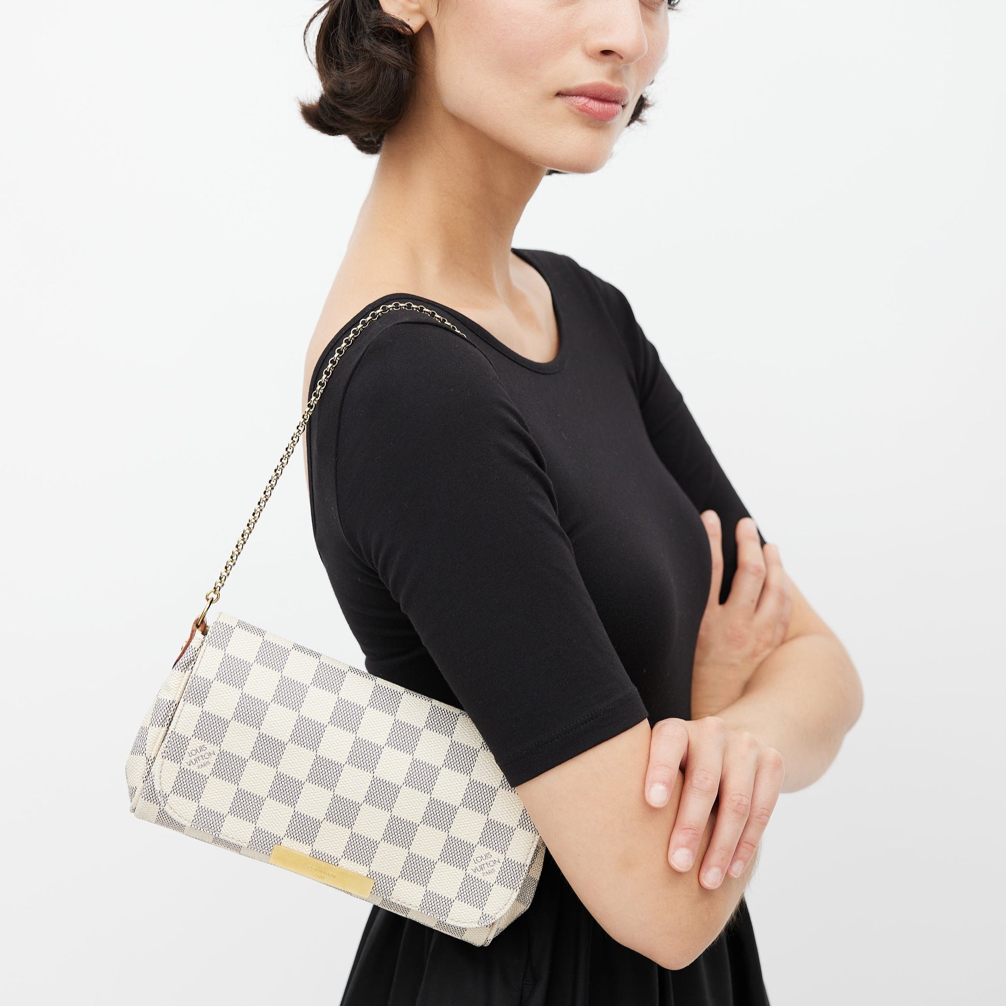 Louis Vuitton Favorite PM Crossbody Bag 9.5in/ 24cm Damier Azur Gold Hardware For Women N41277